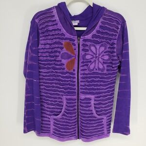India Boutique Boho Floral Zip Up Hoodie Womens L Purple Acid Wash Grunge Fairy